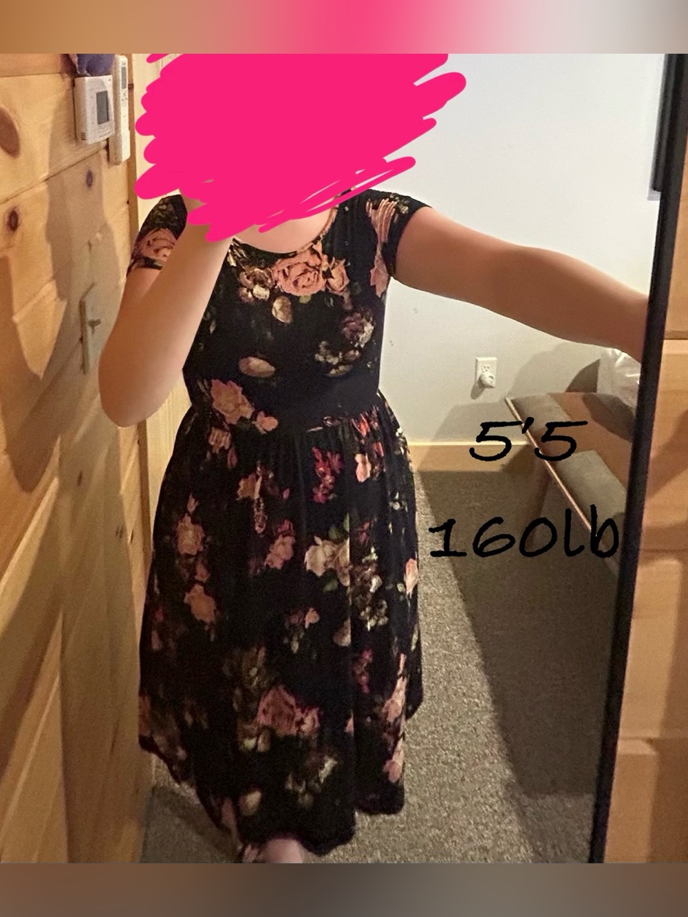 Black Floral Midi Dress with Pink Rose Print